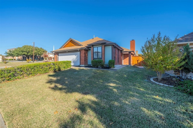 ranch-style home with a garage and a front yard