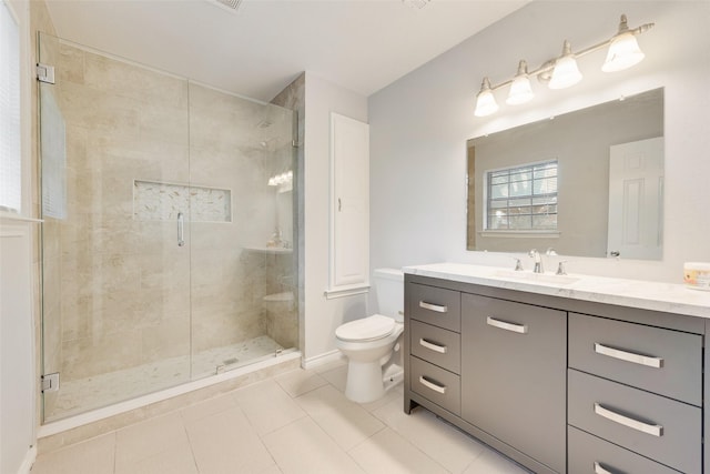 bathroom featuring tile patterned floors, vanity, toilet, and an enclosed shower