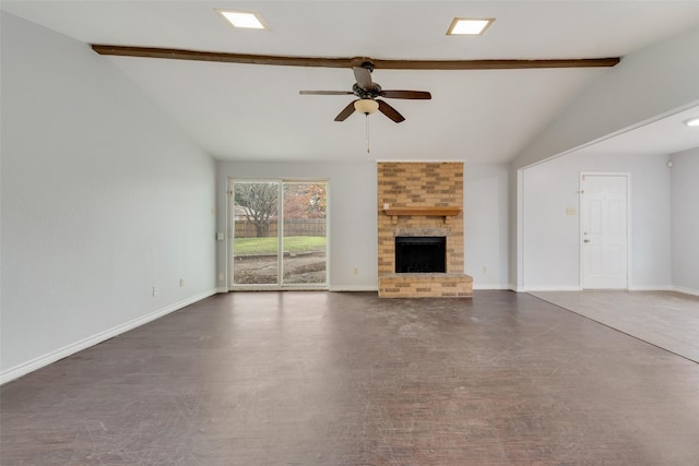 unfurnished living room with ceiling fan, lofted ceiling with beams, and a brick fireplace