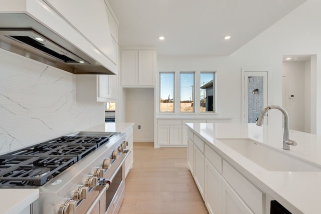 kitchen with white cabinets, premium range hood, sink, and high end stainless steel range