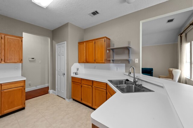 kitchen with kitchen peninsula, a textured ceiling, and sink