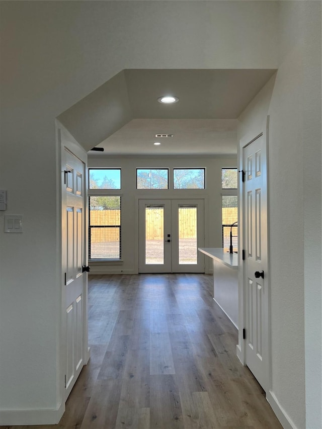 doorway to outside with french doors, a healthy amount of sunlight, and wood-type flooring