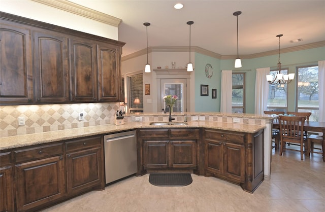 kitchen with dark brown cabinetry, sink, pendant lighting, a notable chandelier, and dishwasher