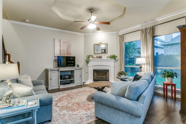 3308 Estacado Dr, Denton, TX 76210 - living area featuring a raised ceiling, a fireplace with raised hearth, and dark wood-type flooring