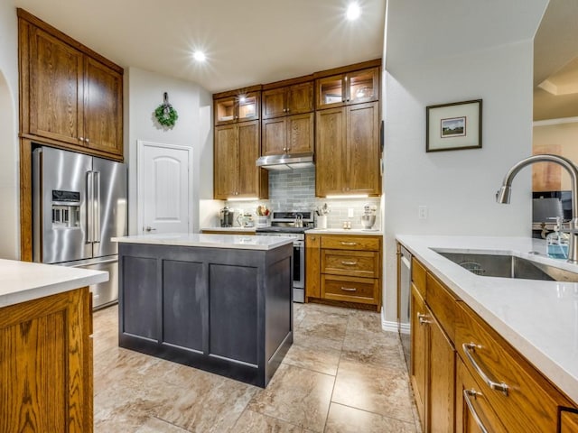 kitchen featuring backsplash, sink, a kitchen island, and stainless steel appliances