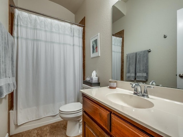 full bathroom with tile patterned floors, vanity, toilet, and shower / bathtub combination with curtain