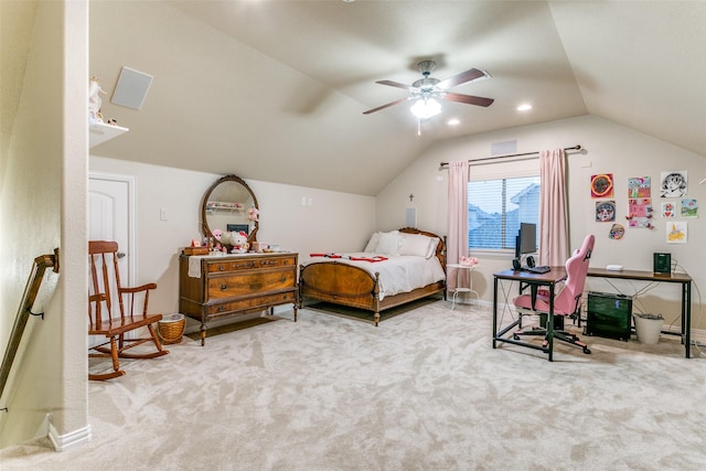 3308 Estacado Dr, Denton, TX 76210 - bedroom with carpet flooring, lofted ceiling, and ceiling fan
