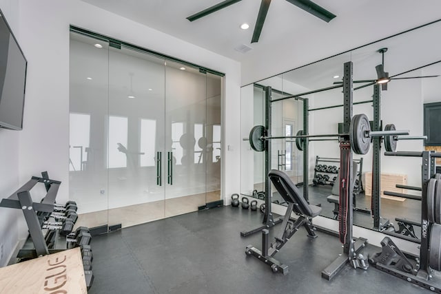 workout area with ceiling fan