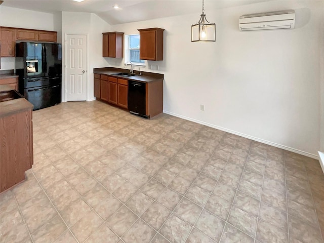 kitchen with sink, a wall mounted air conditioner, vaulted ceiling, hanging light fixtures, and black appliances