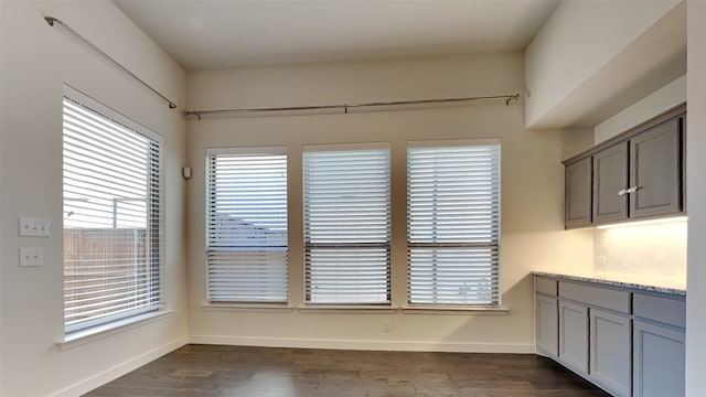 unfurnished dining area featuring dark hardwood / wood-style flooring