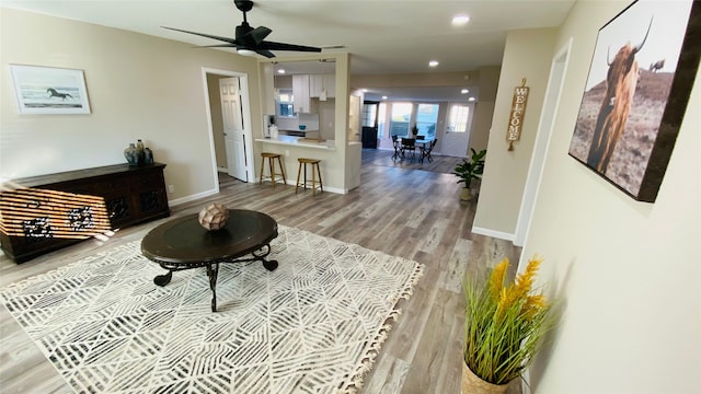 living room with ceiling fan and hardwood / wood-style flooring