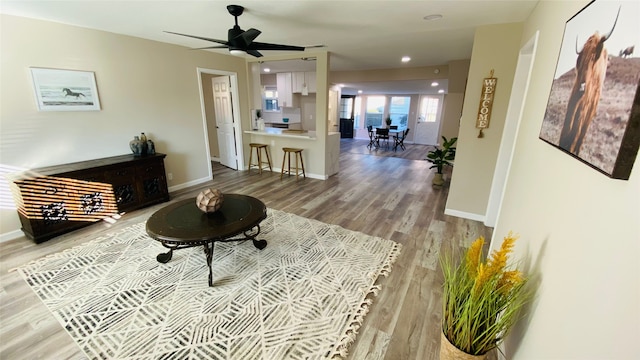 living room featuring ceiling fan and hardwood / wood-style flooring