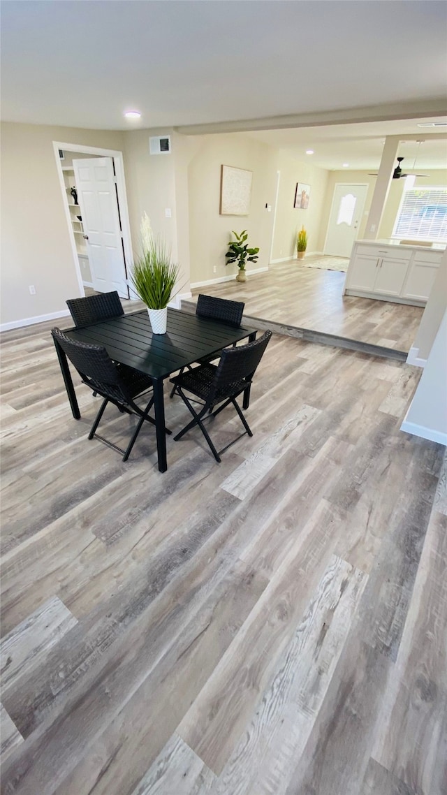 dining space featuring light hardwood / wood-style flooring and ceiling fan