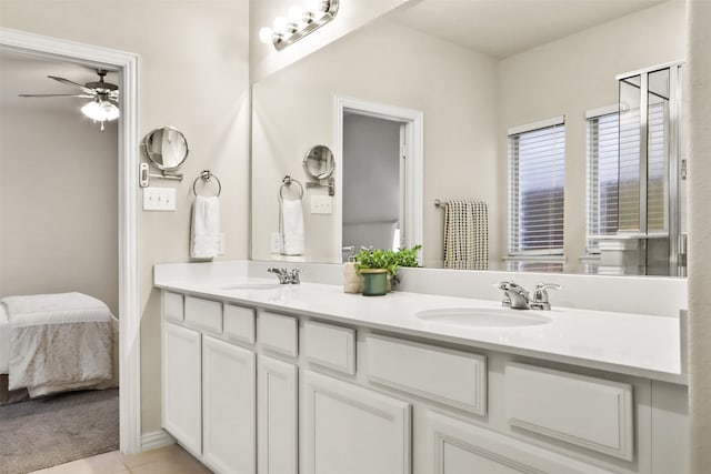2053 Barx Dr, Little Elm, TX 75068 - full bath featuring ceiling fan, double vanity, and tile patterned flooring