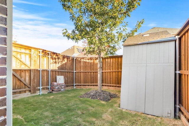 view of yard featuring a storage shed