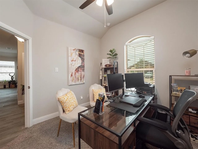 office space with ceiling fan, hardwood / wood-style floors, and lofted ceiling