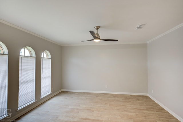 unfurnished room with light wood-type flooring, ceiling fan, and ornamental molding