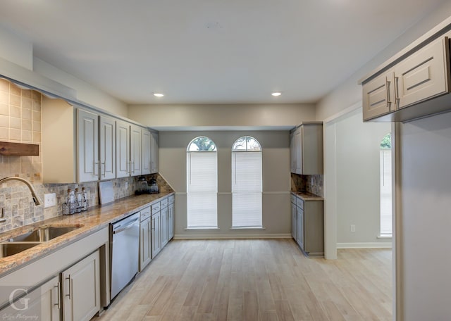 kitchen with sink, stainless steel dishwasher, decorative backsplash, gray cabinets, and light hardwood / wood-style floors