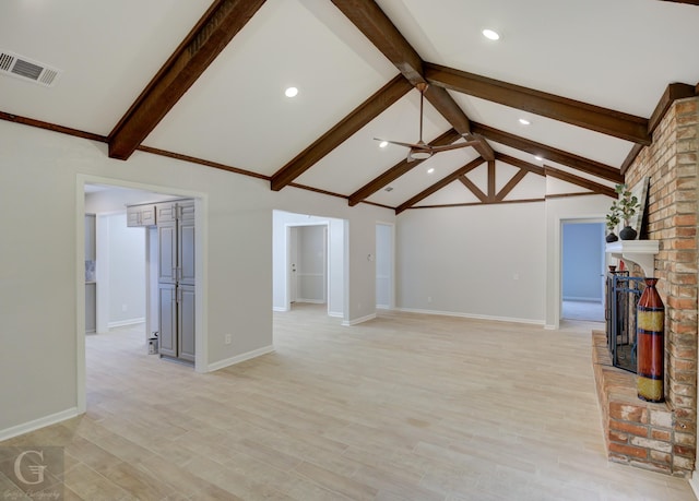 unfurnished living room with vaulted ceiling with beams, ceiling fan, and light wood-type flooring