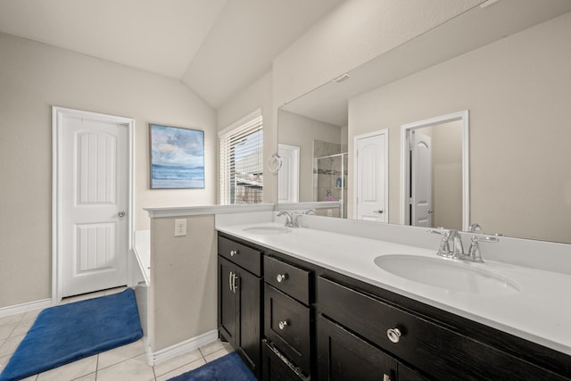 bathroom with tile patterned floors, an enclosed shower, vaulted ceiling, and vanity