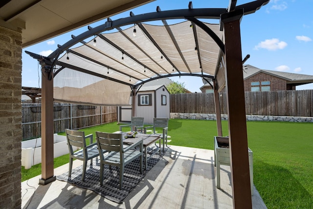 view of patio / terrace with a pergola and a storage unit