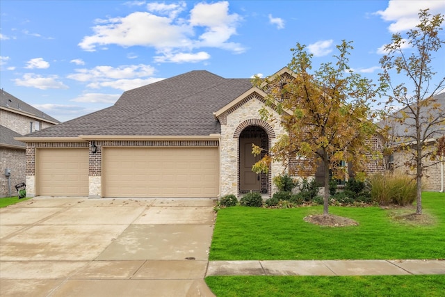 view of front of house with a front yard and a garage