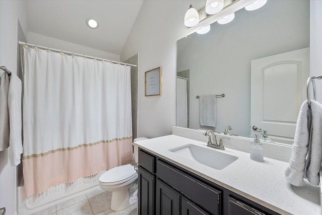 full bathroom with lofted ceiling, toilet, tile patterned floors, vanity, and shower / bathtub combination with curtain