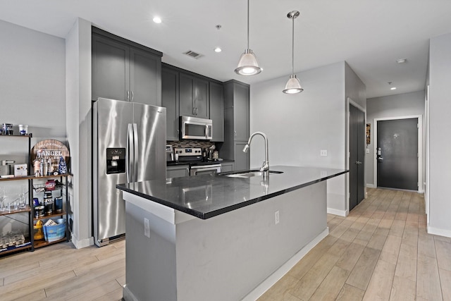 kitchen featuring sink, light wood-type flooring, stainless steel appliances, and a kitchen island with sink