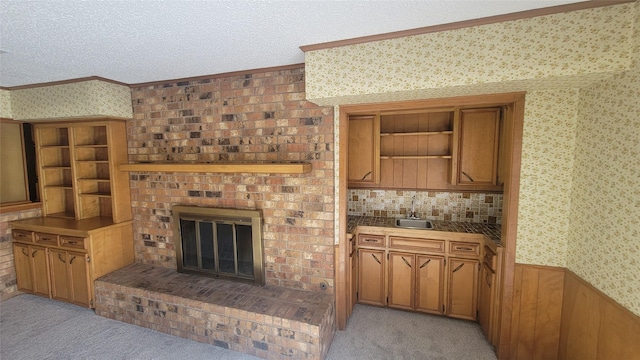 interior space featuring crown molding, wooden walls, a textured ceiling, and sink