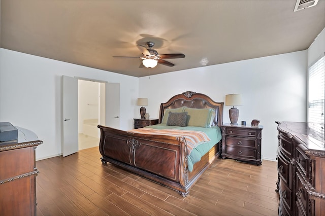 bedroom featuring a ceiling fan, light wood-type flooring, and visible vents