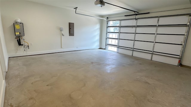 garage featuring electric panel, a garage door opener, and water heater