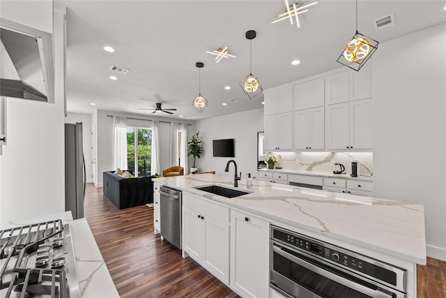 kitchen featuring white cabinets, dark hardwood / wood-style flooring, sink, and stainless steel appliances