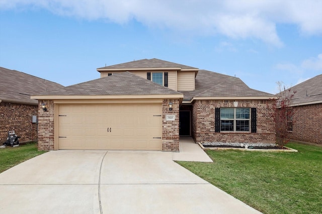 view of front of house with a garage and a front lawn