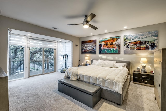 carpeted bedroom with access to outside and ceiling fan