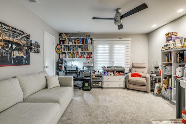 office space featuring carpet flooring and ceiling fan