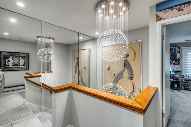 interior space featuring carpet and an inviting chandelier