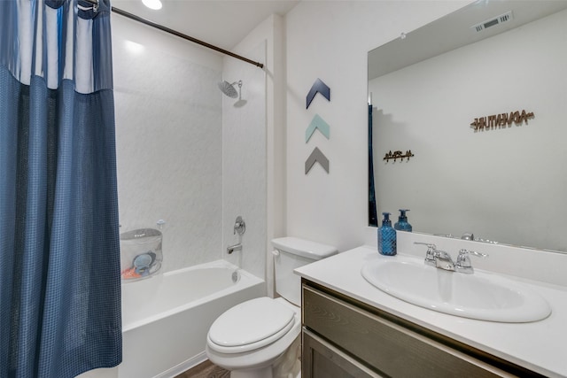 full bathroom featuring vanity, toilet, and shower / bathtub combination with curtain