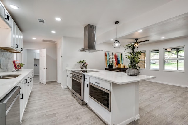 kitchen with exhaust hood, white cabinets, sink, hanging light fixtures, and appliances with stainless steel finishes