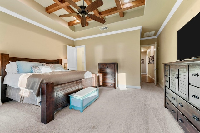 bedroom with light carpet, coffered ceiling, ceiling fan, ornamental molding, and beamed ceiling