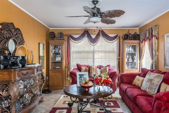 living room with ceiling fan, light tile patterned floors, and crown molding