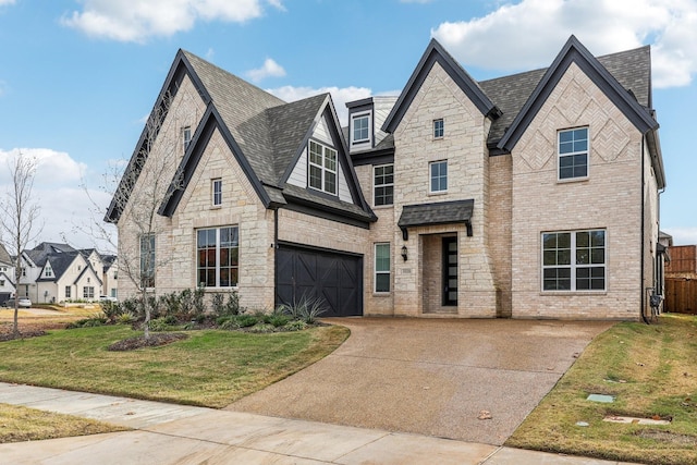 view of front of property with a garage and a front lawn