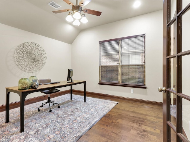 office space with lofted ceiling, hardwood / wood-style floors, and ceiling fan