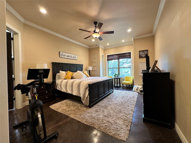 bedroom with ceiling fan and ornamental molding