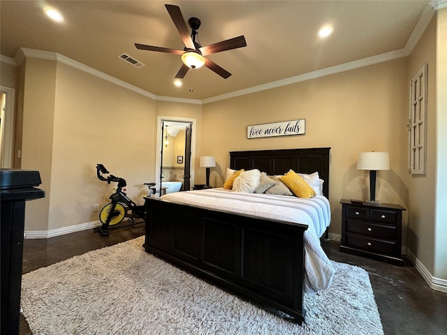 bedroom featuring ceiling fan and crown molding