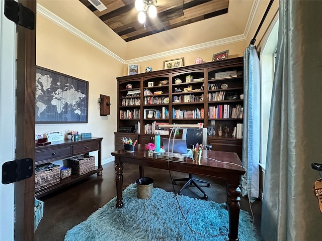 home office featuring a tray ceiling, crown molding, and ceiling fan