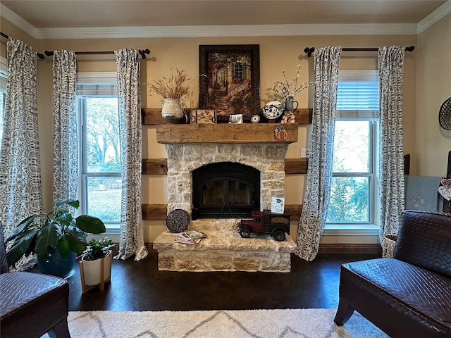 living room featuring a fireplace, crown molding, dark hardwood / wood-style flooring, and a healthy amount of sunlight