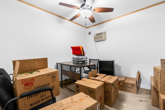 storage room featuring a wall unit AC and ceiling fan