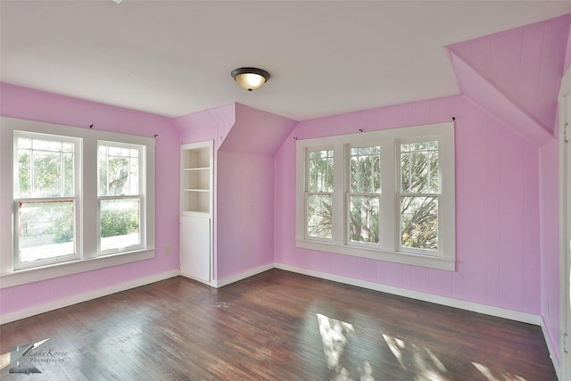 additional living space featuring dark wood-type flooring and vaulted ceiling