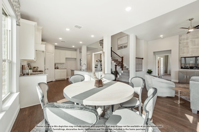 dining space with ceiling fan, sink, and dark hardwood / wood-style flooring