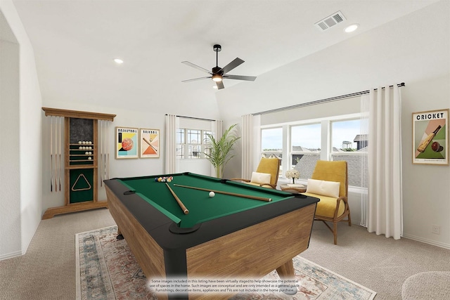 playroom with visible vents, light carpet, baseboards, pool table, and a ceiling fan